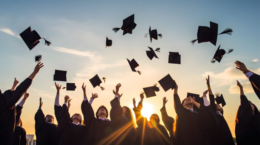 group of cheerful student throwing graduation hats in the air celebrating, education concept with students celebrate success with hats and certificates